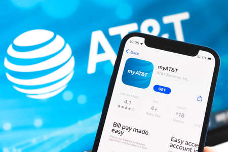 Poltava, Ukraine - May 2, 2022: ATT mobile phone app and close-up photo. Fast internet connection and wireless technologies conceptのeditorial素材