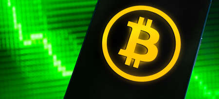 Banner bitcoin new virtual money concept and financial growth concept on green chart background, businessの写真素材