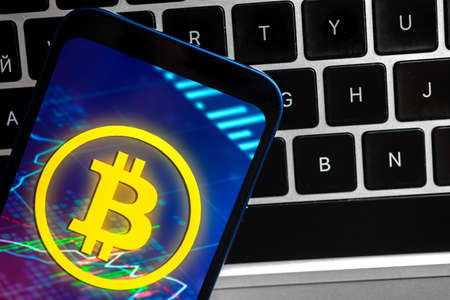 Bitcoin trading laptop background, banner, virtual cryptocurrency concept, financial investmentの写真素材