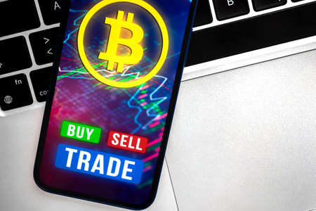 Bitcoin trading background, banner, virtual cryptocurrency concept, financial investmentの写真素材