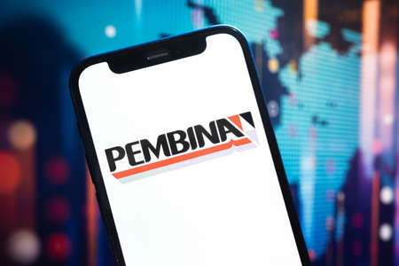 Pembina logo company, gas and oil prices, energy industry. Petroleum stock market graphs, global financial background. Gasoline and diesel conceptのeditorial素材