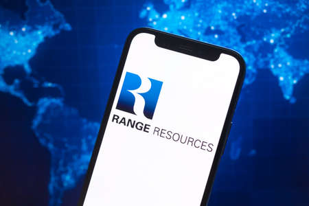 Range Resources logo company, gas and oil prices, energy industry. Petroleum stock market graphs, global financial background. Gasoline and diesel conceptのeditorial素材