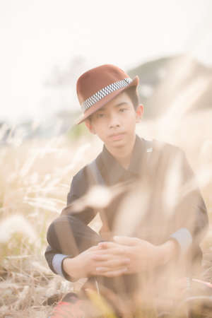 Portrait of Handsome teen boy outdoorsの写真素材
