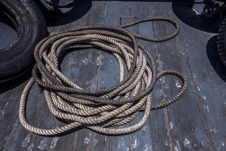 Rope rope for storage vessels Available on wooden floor.の写真素材