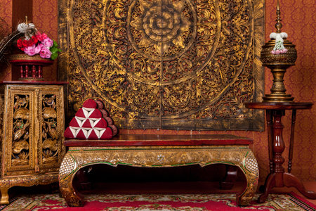 Ancient Thai scenes in a photo studio.The wood is carved into beautiful patterns.Consists of a...
