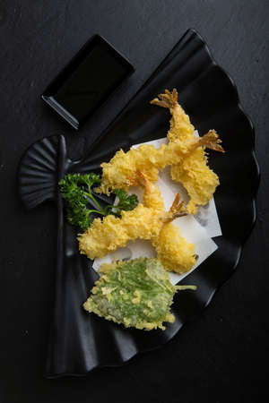 Japanese food, Shrimp tempura.Fried ooba leavesの写真素材
