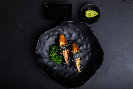 Creative Japanese food.Unagi Sushi.Mixed with  sauce