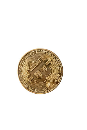 Golden bitcoins shot in a studio on a white scene. In full with cllpping parhの写真素材