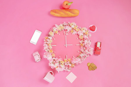 clock decorated with flowers.Communicating means the lives of people who work to make money, eat,...