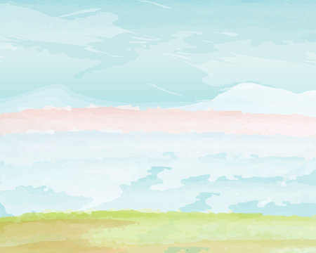 Watercolor summer landscape. Blue sky with white clouds and grass.のイラスト素材