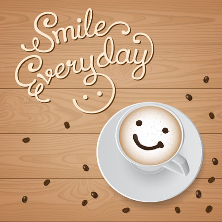 Top view of smile cappuccino with coffee beans on wooden backgroundのイラスト素材