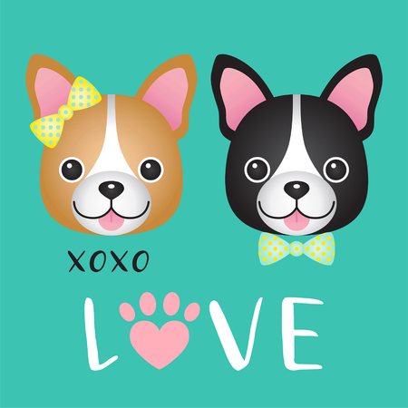 Valentine Day, Cute couple French Bulldog cartoon on green backgroundのイラスト素材