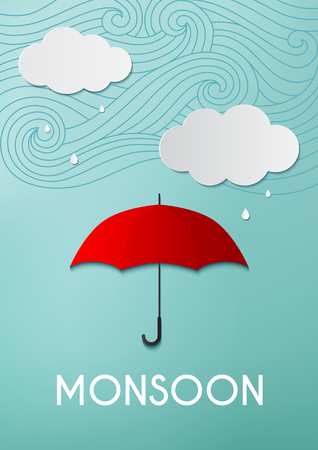 Rainy day, origami made umbrella and clouds on blue sky backgroundのイラスト素材