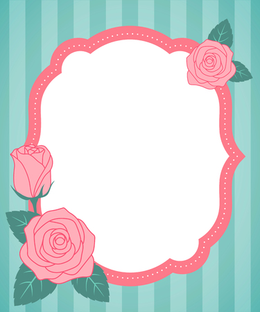Cute roses vintage frame on green striped background.のイラスト素材