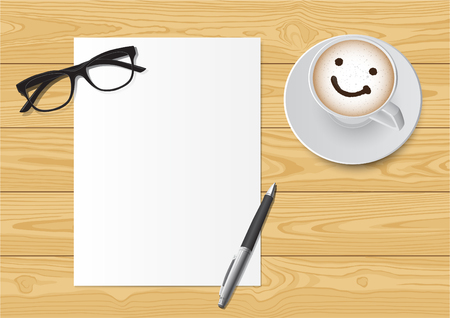 Realistic workplace organization. Top view; glasses, pen and smile coffee cup on wooden deskのイラスト素材