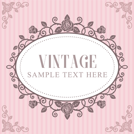 Invitation card, roses vintage frame on pink striped backgroundのイラスト素材