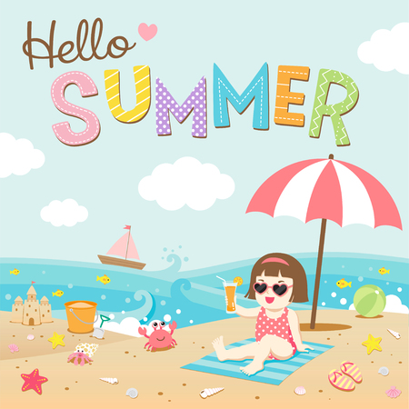 Hello summer, Happy girl on the beach with sea creatureのイラスト素材