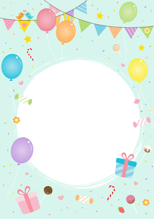 Colorful party background, decoration with balloon, gift, flag and sweetのイラスト素材