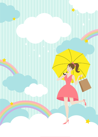Monsoon offer, pretty girl with unbrella on rainy sky backgroundのイラスト素材