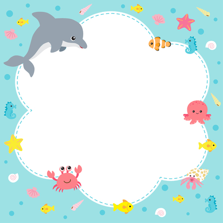Cute sea creatures design template on blue backgroundのイラスト素材