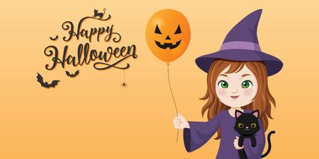 happy halloween calligraphy, Cute witch with black cat and halloween balloon on orange background のイラスト素材