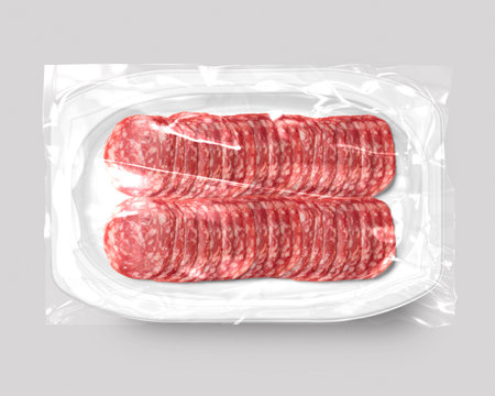 Food packaging isolated with chicken, pork, beef slices top viewの写真素材