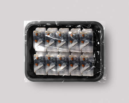Food packaging isolated with fish top viewの写真素材