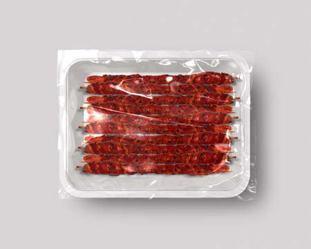 Food packaging isolated with beef steak, pork and chiken meat top viewの写真素材