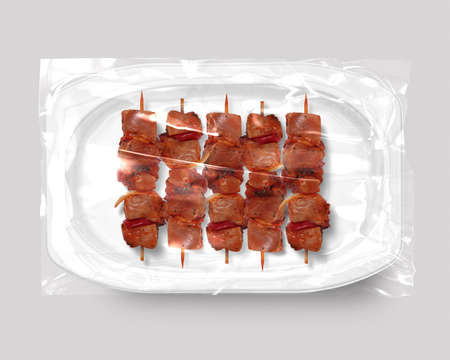 Food packaging isolated with beef steak, pork and chiken meat top viewの写真素材