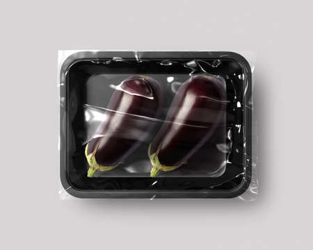 Food packaging isolated with eggplant top viewの写真素材
