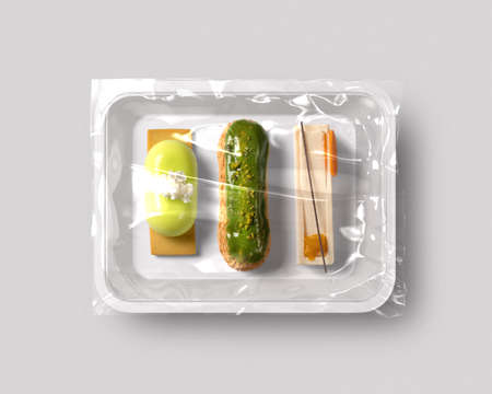 Food packaging isolated with sweet speciality top viewの写真素材