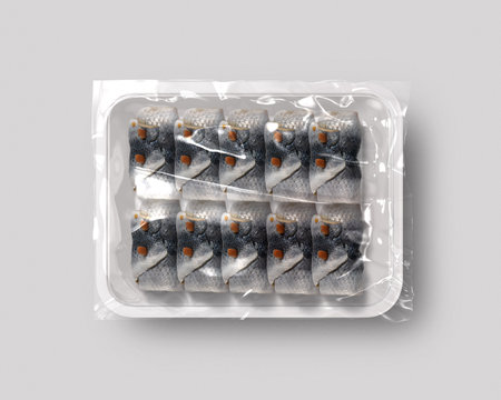 Food packaging isolated with fish top viewの写真素材