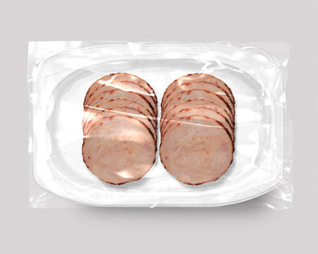 Food packaging isolated with chicken, pork, beef slices top viewの写真素材