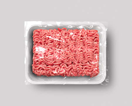 Food packaging isolated with beef steak, pork and chiken meat top viewの写真素材