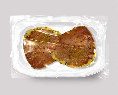Food packaging isolated with beef steak, pork and chiken meat top viewの写真素材
