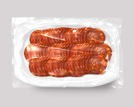 Food packaging isolated with chicken, pork, beef slices top viewの写真素材