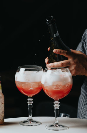 Cocktails with champagne in wine glasses on the bar table in the pub or restaurant with the...