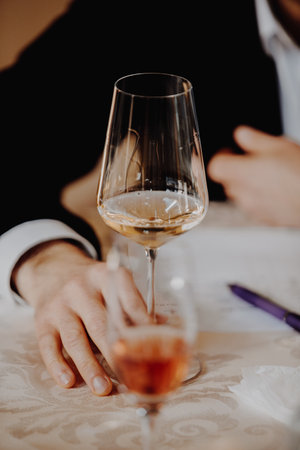 Red white and rose wine glass tasting in store restaurantの写真素材