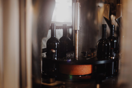 Industrial view bottle wine. Close up winery factory.