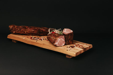 Smoked pork muscles sausage and bacon on a wooden board with the addition of fresh aromatic herbs,...