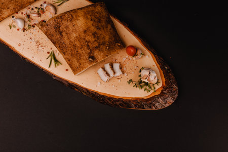 Smoked pork muscles sausage and bacon on a wooden board with the addition of fresh aromatic herbs, garlic, sea salt and pepper.の写真素材