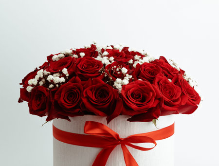 Premium white box with red roses and gypsophila.