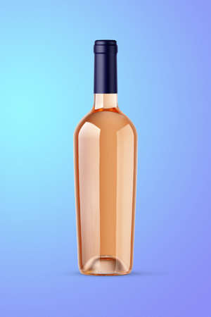 A clear bottle of rose wine isolated on a blue background for mockup presentation projects.の写真素材