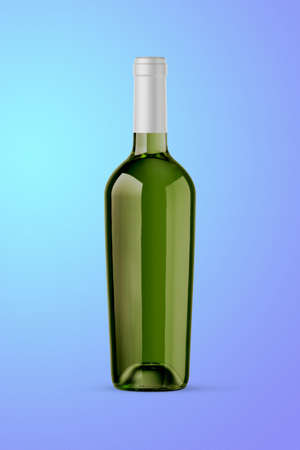 A green bottle of white wine isolated on a blue background for mockup presentation projects.の写真素材