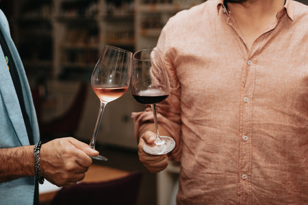 Red wine by the glass at a tasting of white, rosÃ© and red wines that celebrates friendship and joy at the highest level with your best friends on a weekend evening full of people fの写真素材