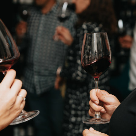 Red wine by the glass at a tasting of white, rosÃ© and red wines that celebrates friendship and joy at the highest level with your best friends on a weekend evening full of people fの写真素材