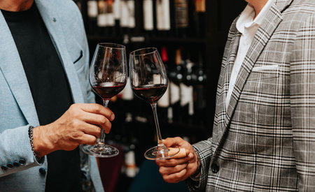 Red wine by the glass at a tasting of white, rosÃ© and red wines that celebrates friendship and joy at the highest level with your best friends on a weekend evening full of people fの写真素材