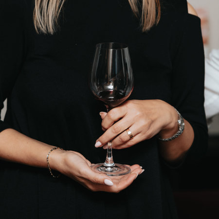 Glass of red wine seen close up in the hand at a wine tasting with friends