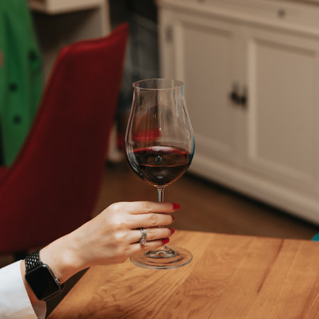 Glass of red wine seen close up in the hand at a wine tasting with friendsの写真素材