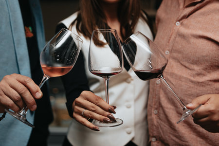 Glass of red wine seen close up in the hand at a wine tasting with friendsの写真素材